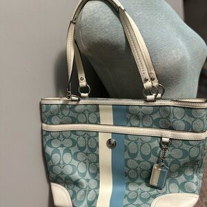 Stylish Blue and Cream Tote Bag Coach Chelsea Heritage